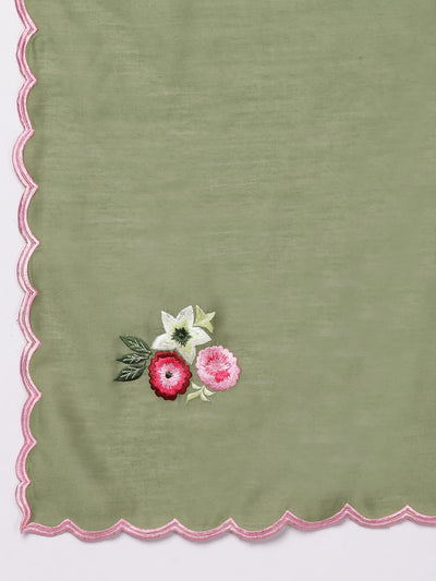 Pink Art Silk Kurta with pants and Olive Chanderi dupatta.