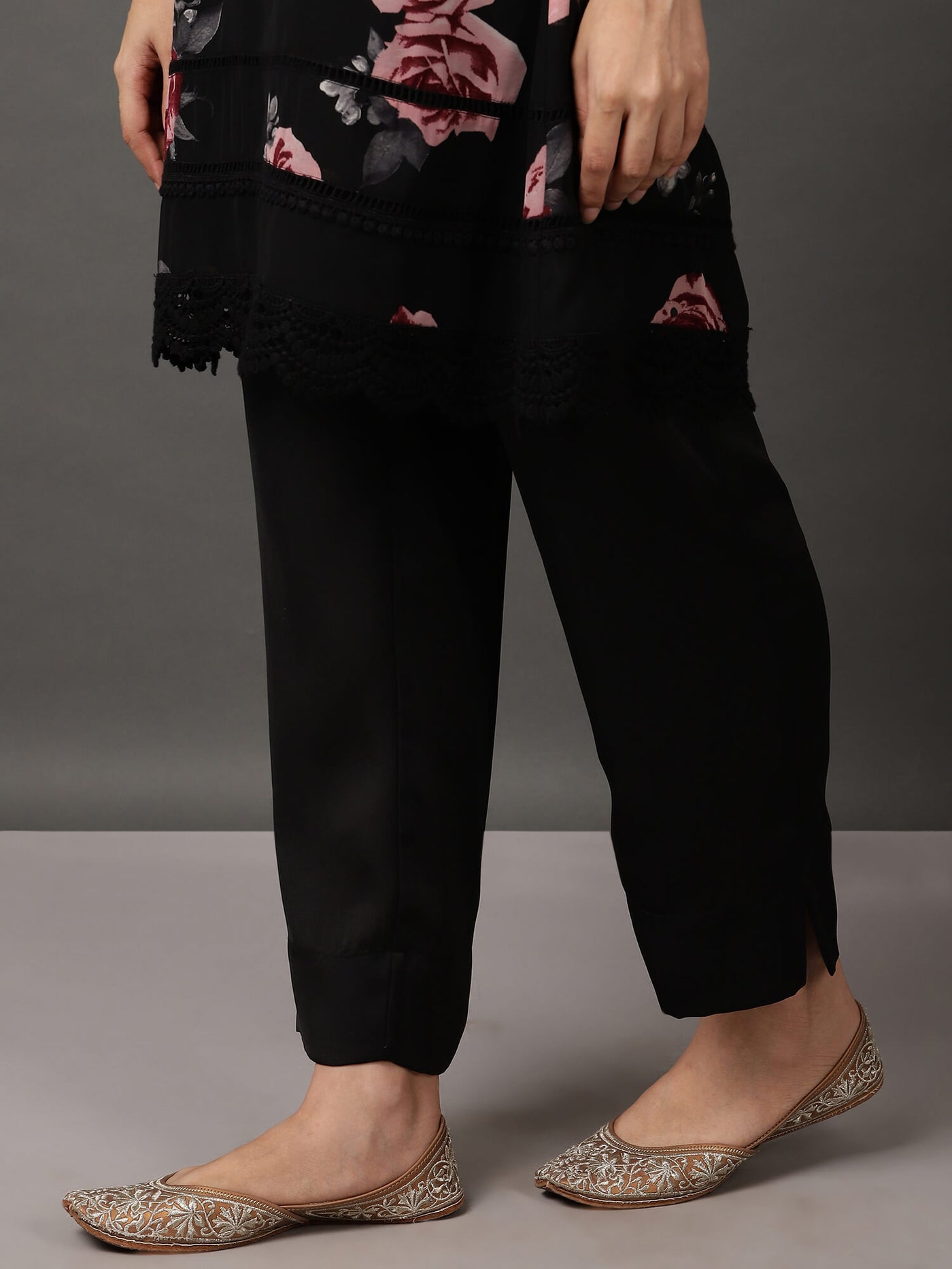 Black Short Floral Georgette Kurta And Pant With Dupatta & Camisole