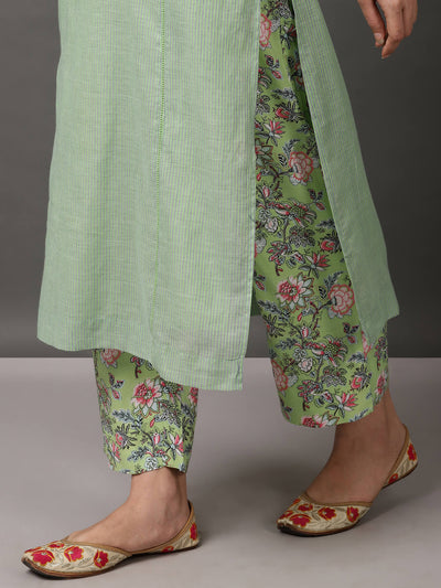 Green Yarn Dyed Kurta & Printed Pant With Inner