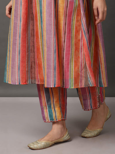 Multi-Color Stripe Chanderi Kurta And Pant With Camisole