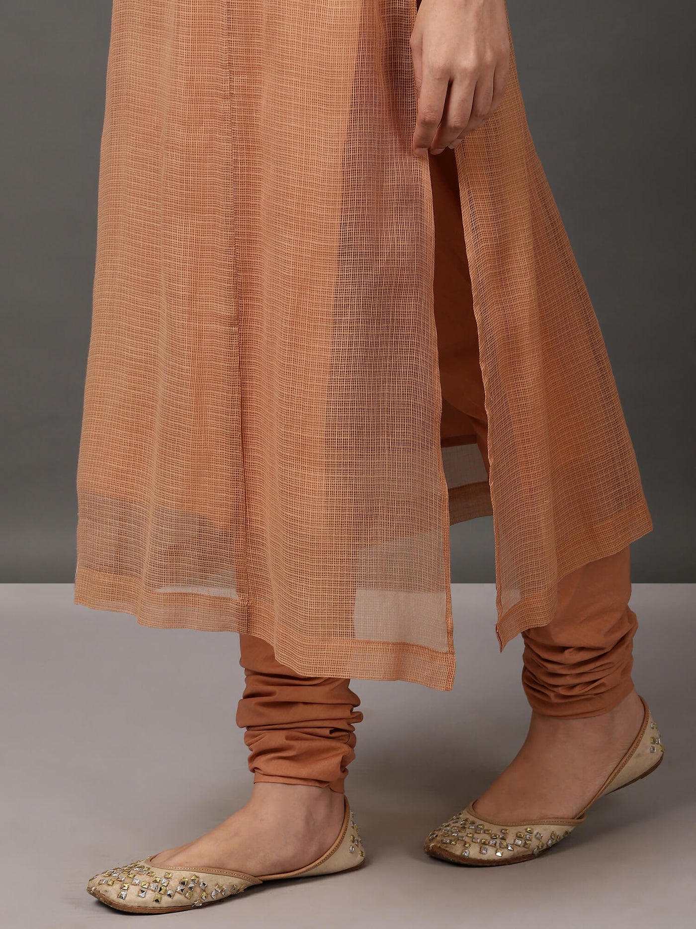 Beige Kalidaar Kurta With Churidar & Inner With Dupatta