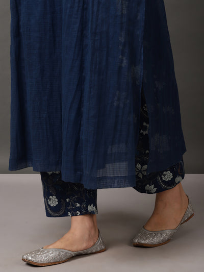 Blue Kalidaar Kurta With a Cotton Cami paired with an Indigo Printed Pant and Dupatta