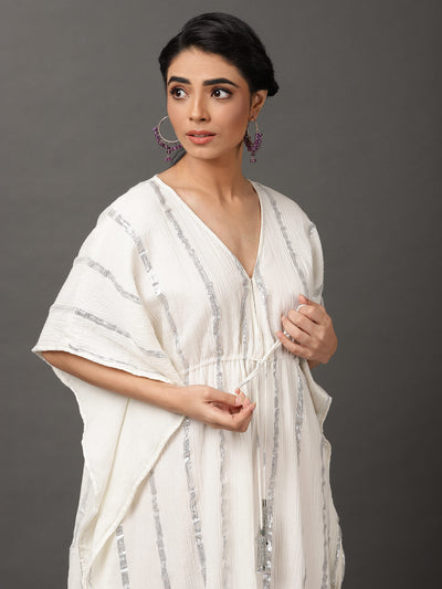 Off White Cotton Crepe Kaftan Dress With Silver Lurex Stripe