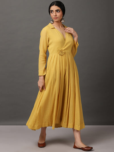 Mustard Cotton Crepe Dress With Pockets