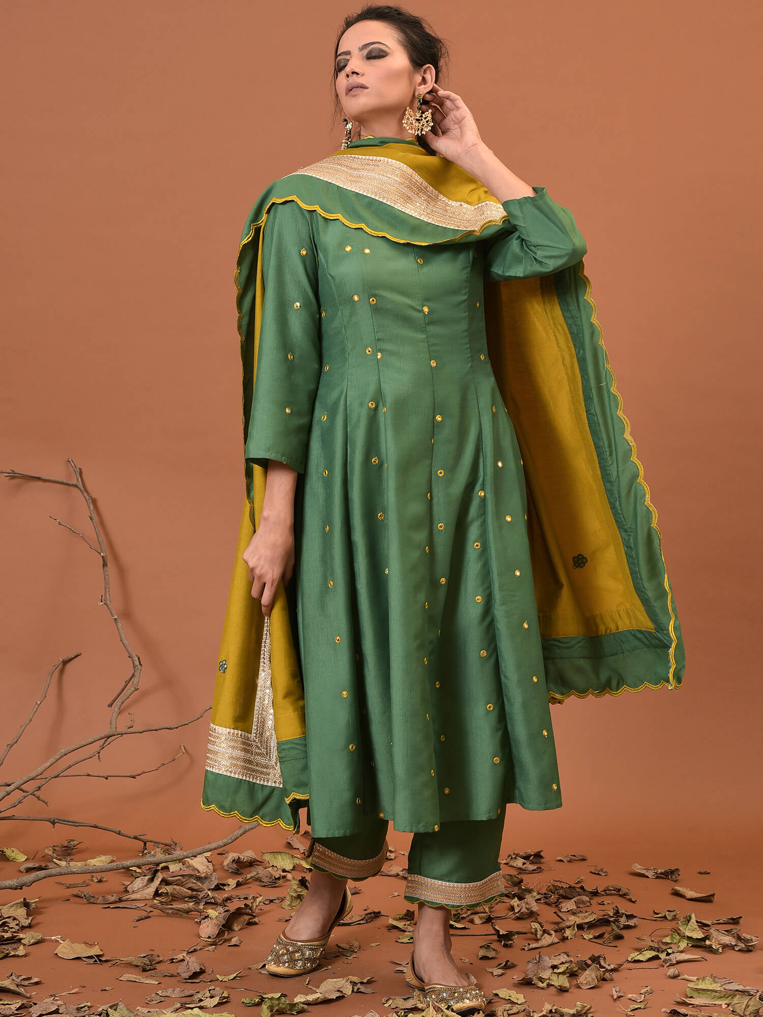 Smoke Green Kurta, Pant & Dupatta