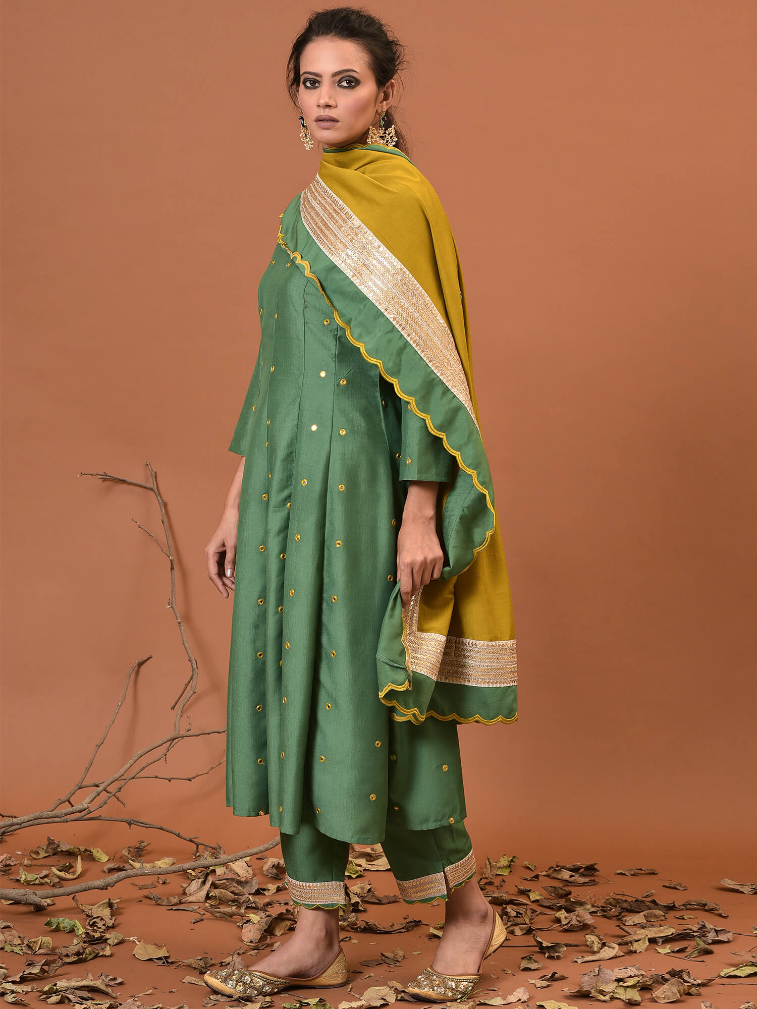 Smoke Green Kurta, Pant & Dupatta