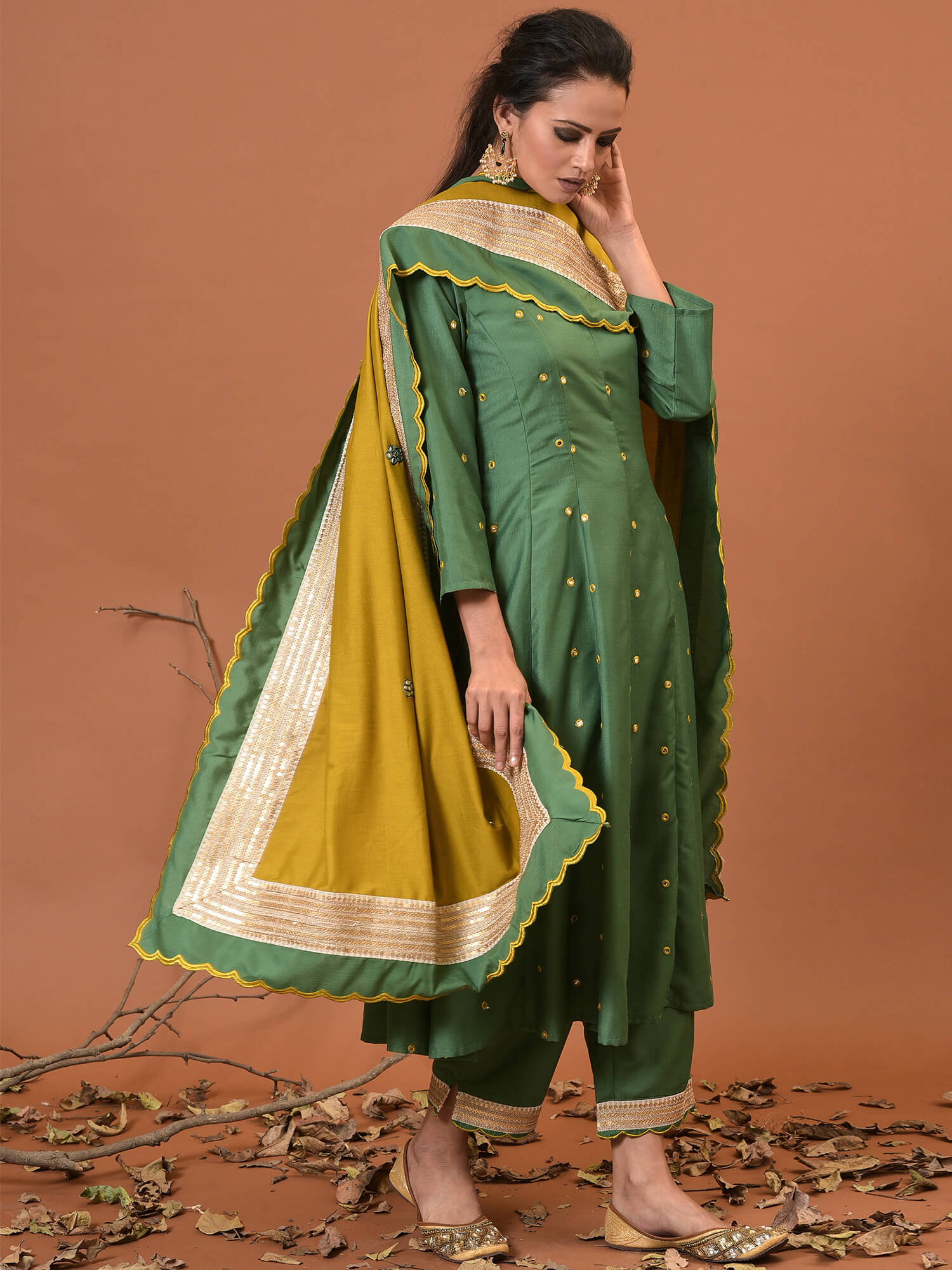 Smoke Green Kurta, Pant & Dupatta