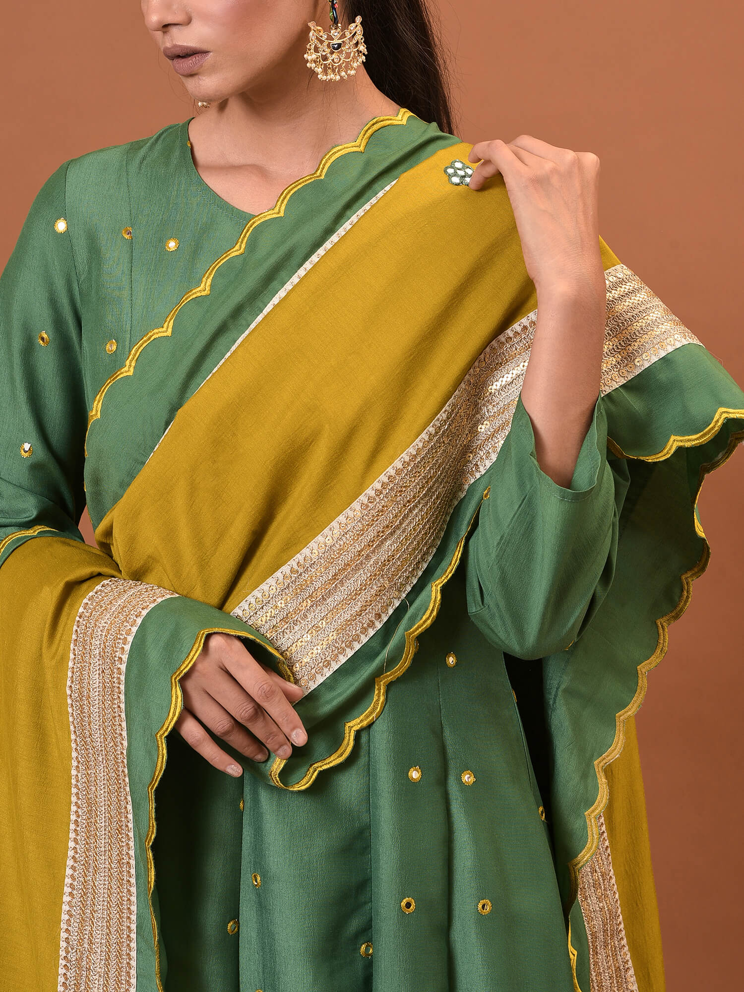 Smoke Green Kurta, Pant & Dupatta