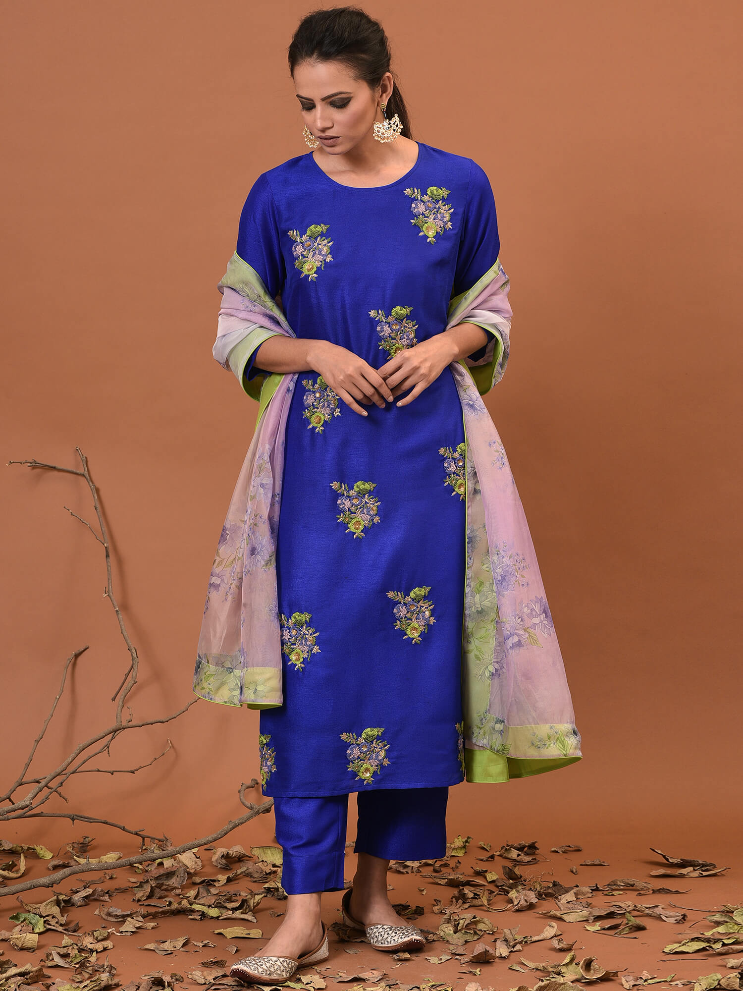 Spiced Blue Embroidered Kurta, Pant & Dupatta