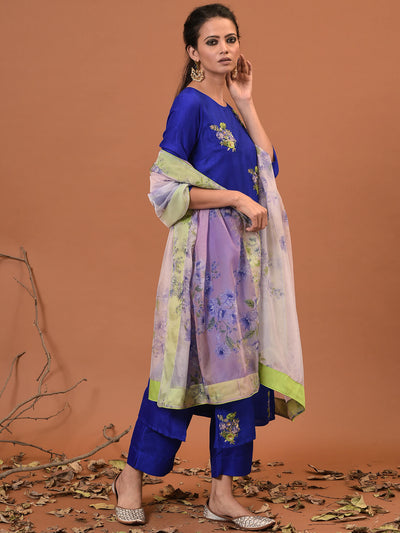 Spiced Blue Embroidered Kurta, Pant & Dupatta