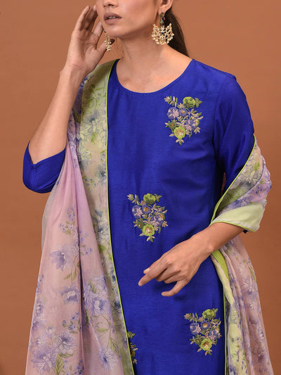 Spiced Blue Embroidered Kurta, Pant & Dupatta