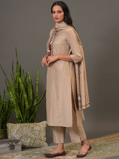 Pure Tussar Embroidered Kurta, Pant & Dupatta