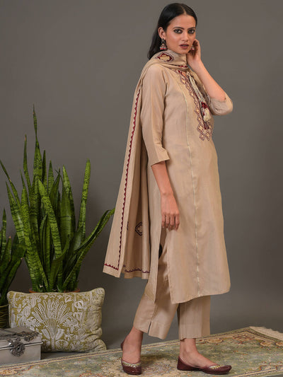 Pure Tussar Embroidered Kurta, Pant & Dupatta